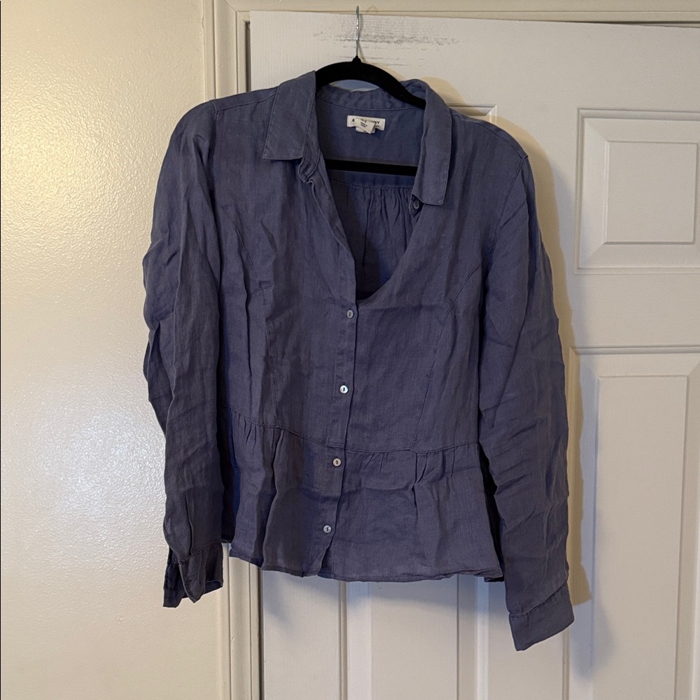 Blue linen women’s Button-Up Blouse